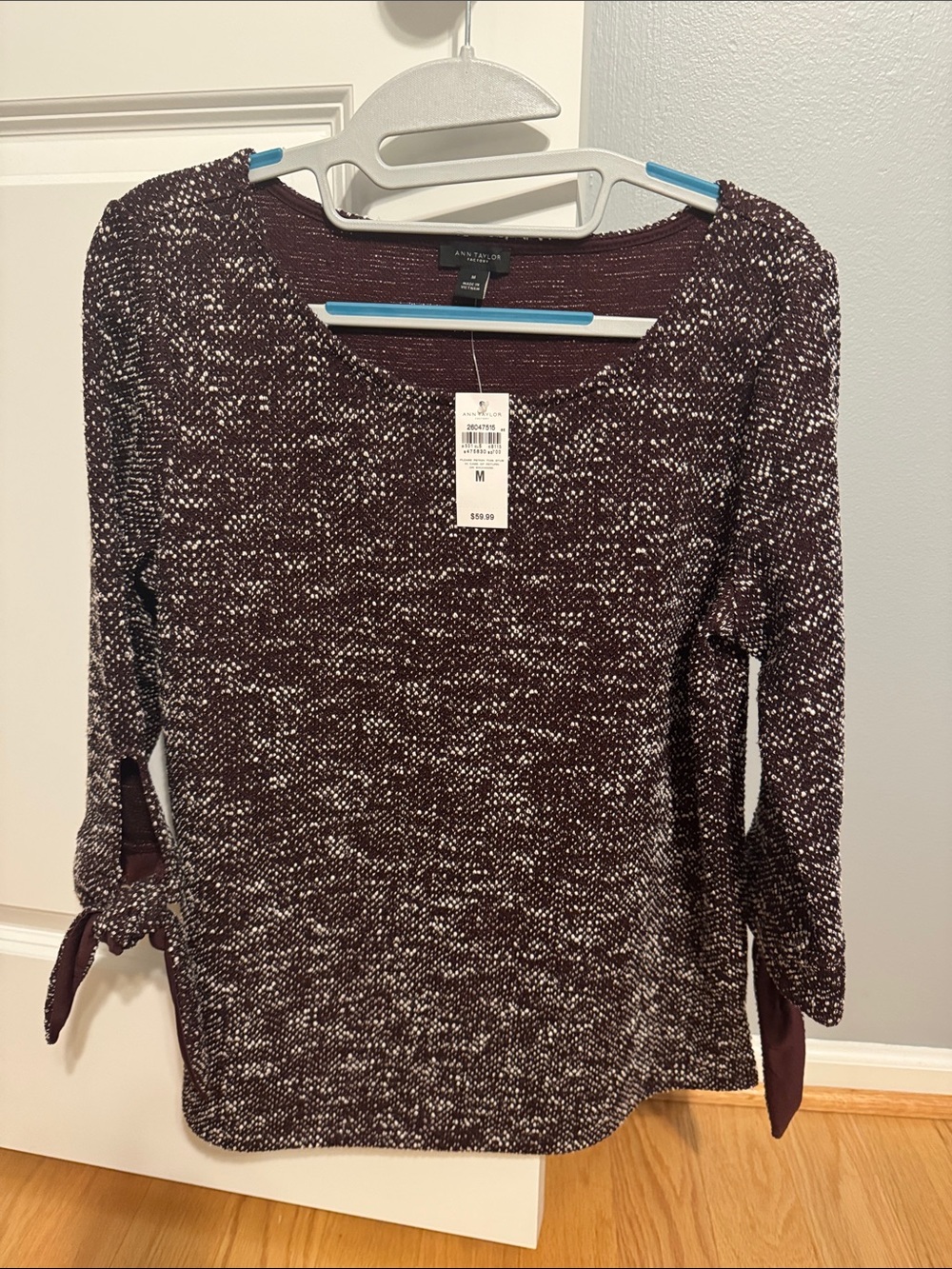 Ann Taylor Maroon and White Knit Tie-Sleeve Sweater Top